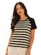 Women's Short Sleeve Striped Black Blouse With Ecru