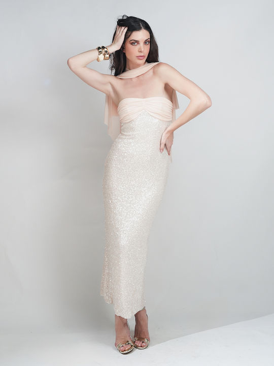 Summer Maxi Evening Dress Strapless Open Back with Tulle Beige