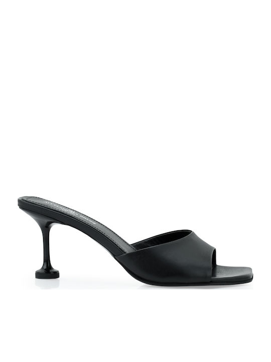 Alessandra Bruni Leather Mules with Low Heel in Black Colour