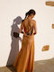 Maxi Abendkleid Satin Drapierung mit Spitze Orange
