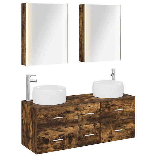 vidaXL Vanity Unit Without Sink With Mirror With Light Smoked Oak Wood
