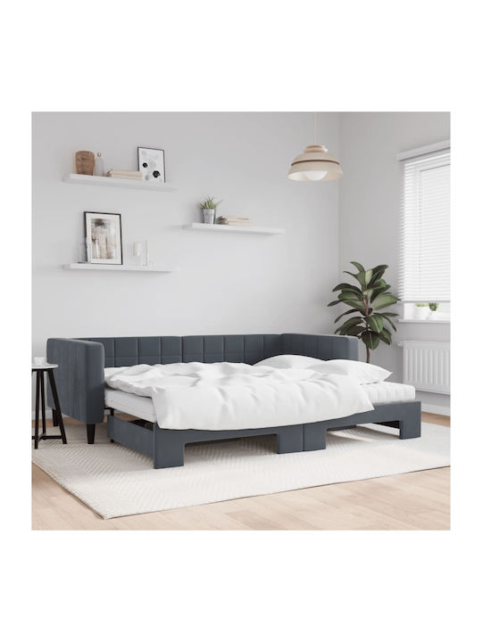 Kinderbett Bett Einzel mit Samt Dunkelgrau mit Lattenrost & Matratze 90x190cm