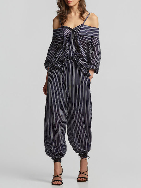 Damen Hochbund Stoffhose in Lose Muster Gestreift Blau