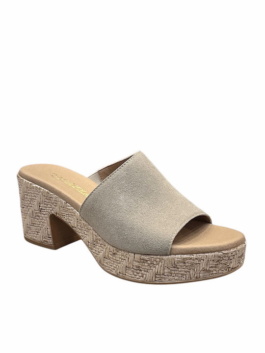 Suede Mules with Heel in Beige Colour
