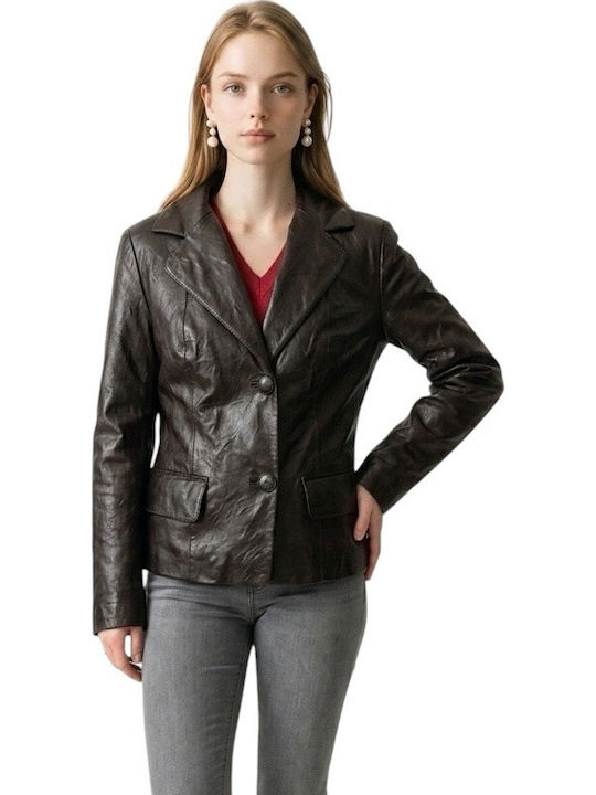 MARKOS LEATHER Γυναικείο Δερμάτινο Μεσάτο Σακάκι Καφε