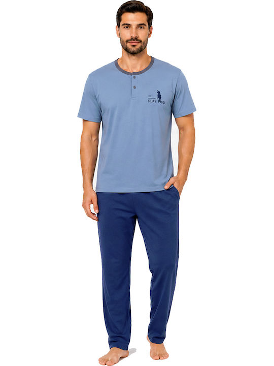 Cool Sommer Herrenpyjama Hellblau Offen