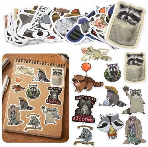 Set Decorative Stickers Raccoon Various Designs 50 Pcs 7-8 Cm