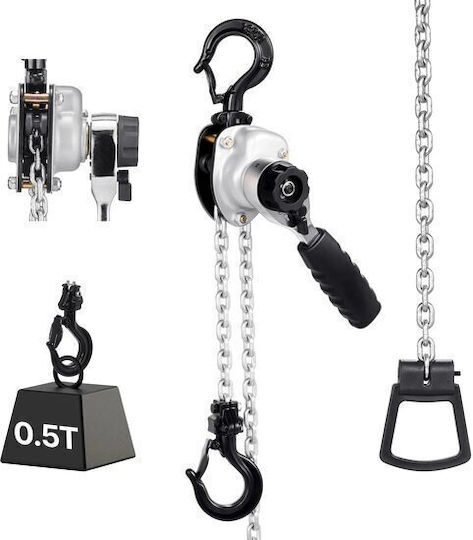 Palan Manual cu Lanț Max 500 Kg cu Dublă Cremalieră Frână Mecanică Cârlige Pivotante Înălțime 3 M