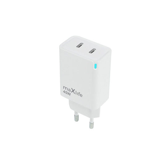 Maxlife Maxlife GaN Handyladegerät mit 2 USB-C Ausgangsanschlüsse 45W Stromlieferung Weiß