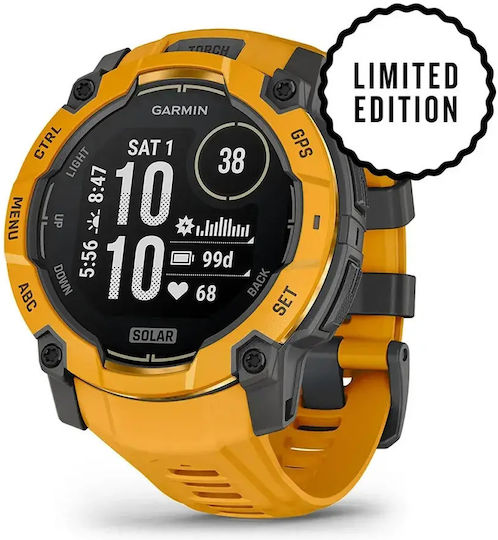Garmin Instinct 3 Solar Алуминиев 50мм Водоустойчив Смарт часовник с Пулсометър (Sunburst със Sunburst/Сивa каишка)