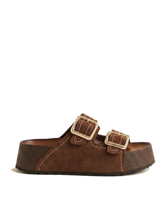 Leder Flache Damen Sandalen Braun 67001-Braun