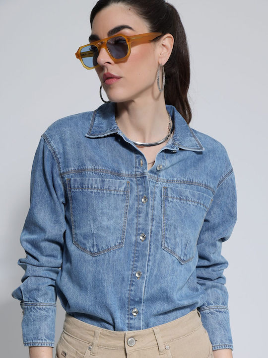 Long Sleeve Women's Denim Shirt Blue