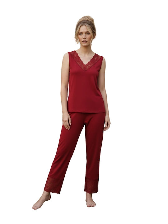 Siyah Inci Set Pijamale Damă de Vară Burgundy