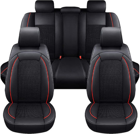 Luxury Universal Leather Textile Upholstery Set Black Red Stitching Front Rear Seats