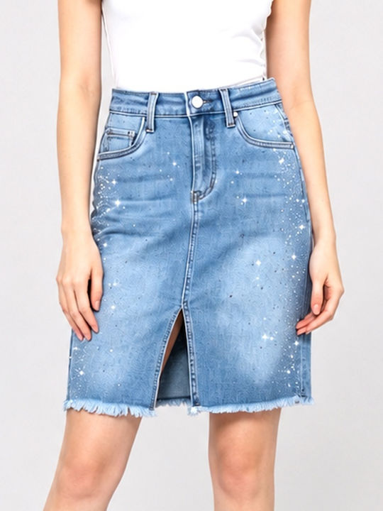 Fustă Skorts Denim Pentru Femei Talie Înaltă Albastru Prespălat