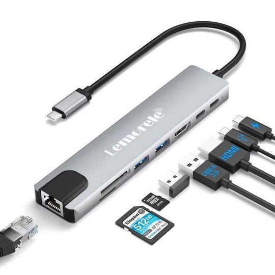 Lemorele TC19L Plus USB-C Докинг Станция с HDMI 4K PD Ethernet Сребриста