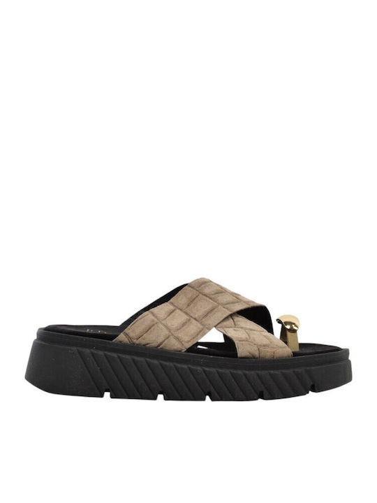 Leather Women's Flat Sandals Beige 3542+Beige Suede Leather