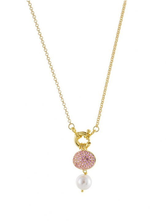 Oxette Gold Plated Necklace with Pearls & Pink ...