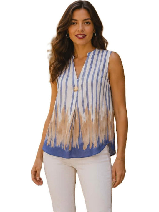 Women's Cotton Sleeveless Striped Beige Blouse