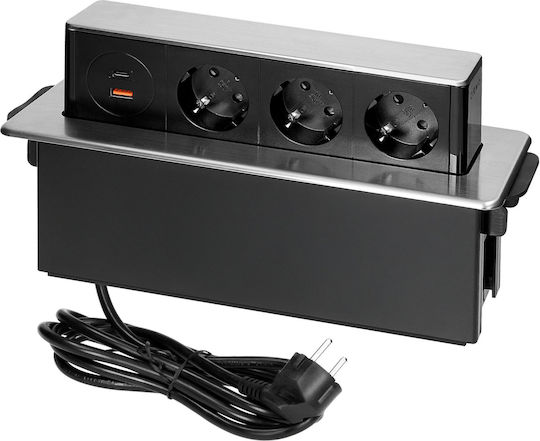 Orno Steckdosenleiste 2 Anschlüsse mit 2 USB-A, USB-C und 2m Kabel Silber