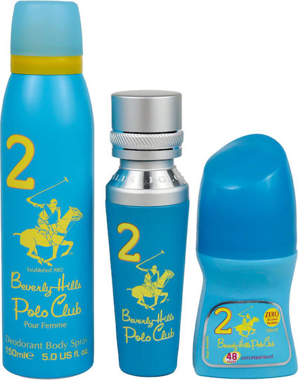 Set Beverly Hills Polo Club No 2 Eau de Parfum Pentru Femei 50 Ml + No 2 Deodorant Antiperspirant Roll-on Pentru Femei 50 Ml + 1982 Sport 2 Freshness Body Spray 150 Ml