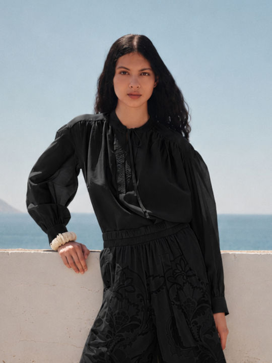 Bluza Damă Mânecă Lungă cu Decolteu în V Neagră
