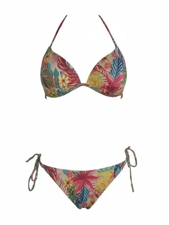 Set Bikini Triangle Push Up Floral Fuchsia Glitter C-6234