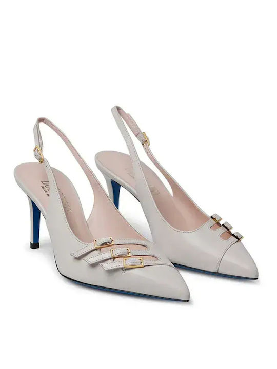 Leather Pointed Heels with Strap & High White Heel