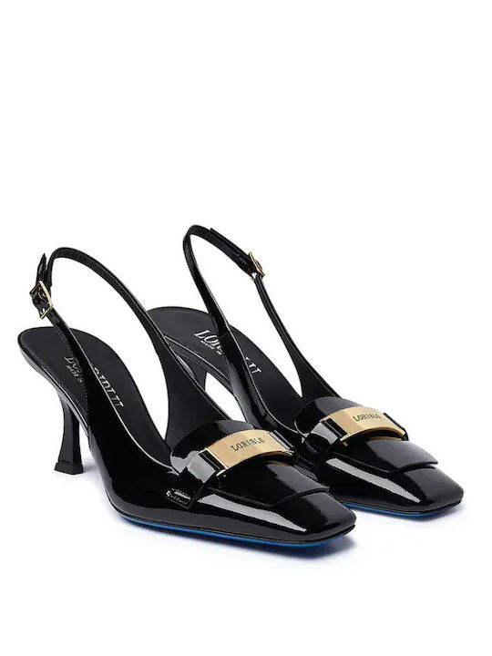 Pointed Toe Heels in Patent Leather with Strap & Mid Heel Black