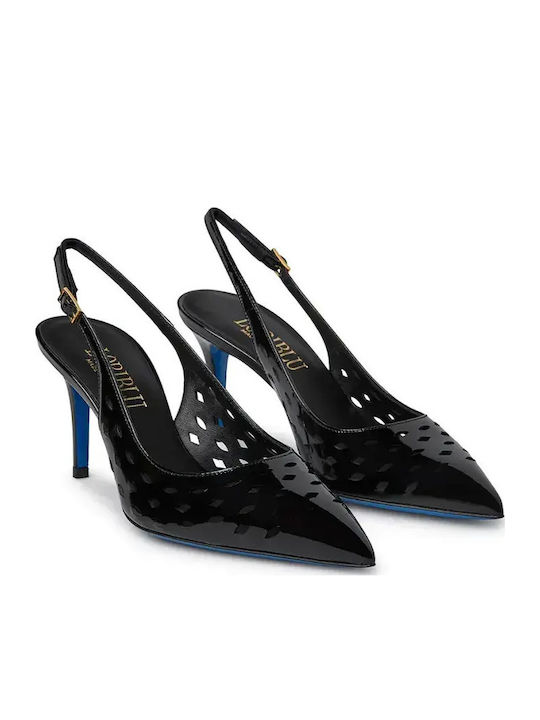 Pointed Toe Heels in Patent Leather with Strap & High Black Heel