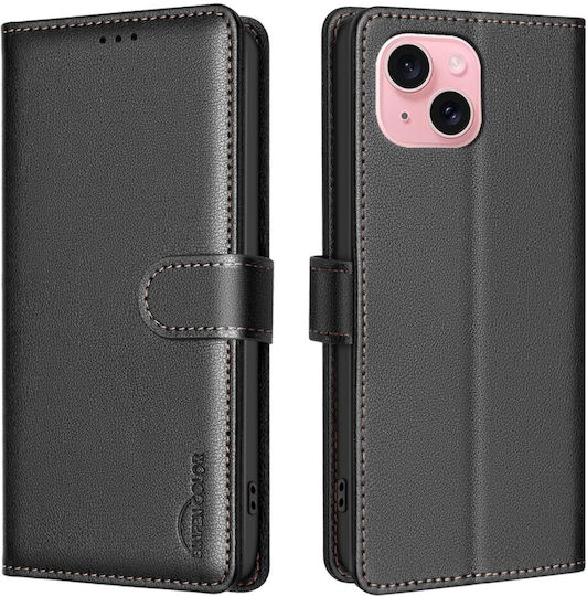 Binfen Калъф Книга От Изкуствена Кожа / Силикон Черен За iPhone 15