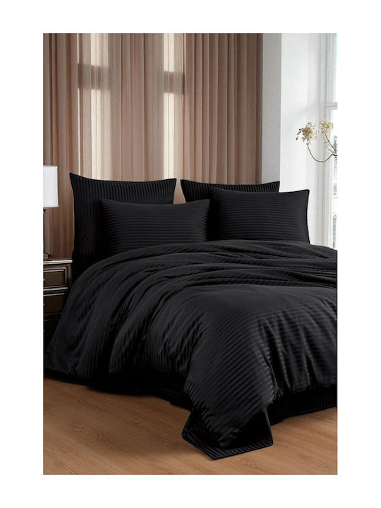 SteweHome Cotton Satin Duvet Cover Set 200x220cm Double With 2 Pillowcases Black