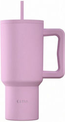 Estia Straw Tumbler XL Save The Aegean Recyclable Handled Thermos Stainless Steel BPA Free 900ml Lavender with Straw and Handle