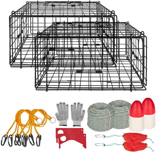 Vevor Crab Trap 2 Pcs 62 X 62 X 30 Cm Heavy Duty Dungeness Black Wire Mesh PVC Measuring Tape Red White Buoy Rope 100 Ft Gloves Ybxjbxfx2j00w3s8t001v0