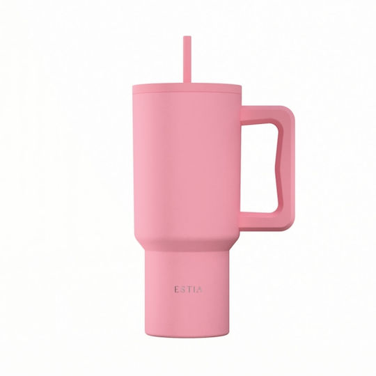 Estia Straw Tumbler XL Save The Aegean Recyclable Handled Thermos Stainless Steel BPA Free 900ml Rose with Straw and Handle