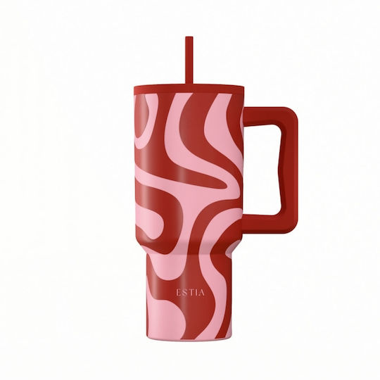 Estia Straw Tumbler XL Save The Aegean Recyclable Handled Thermos Stainless Steel BPA Free 900ml Coral Waves with Straw and Handle