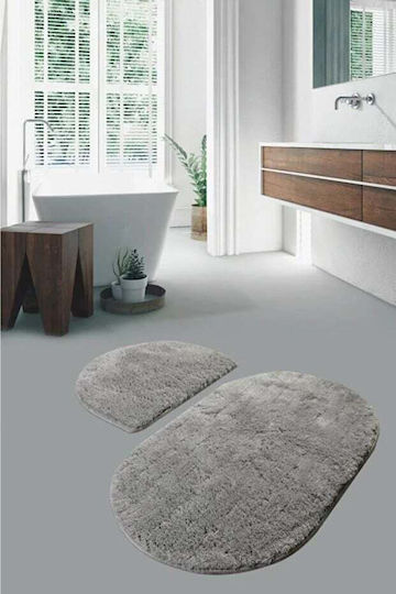 SteweHome Non-Slip Set Bath Mats Oval STE-029991-P29991 Gray 100x150cm 2 Pieces