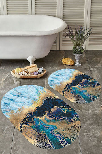 SteweHome Non-Slip Set Bath Mats Oval STE-029850-P29850 Blue 60x100cm 2 Pieces