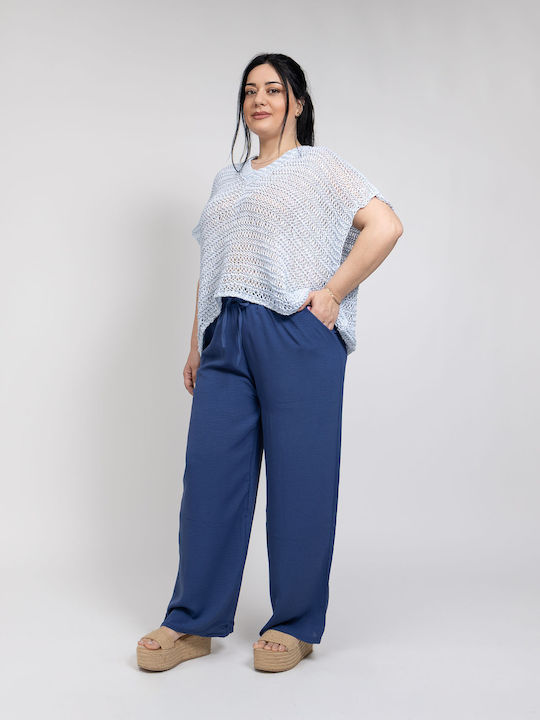 Pantaloni Dama Din Țesătură Cu Cauciuc În Croială Relaxed Albastru Roi