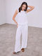 Celestino Set Women's Blouse Palazzo Pants Linen Loose Fit White