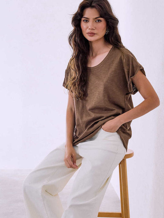 Celestino Women's Blouse Turned Sleeve Loose Fit Brown