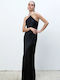 Maxi Βραδινό Φόρεμα Σατέν με Βολάν Black