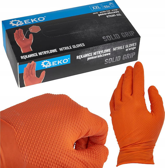 Geko Solid Grip Nitrile Gloves Orange Xxl 50 Pcs