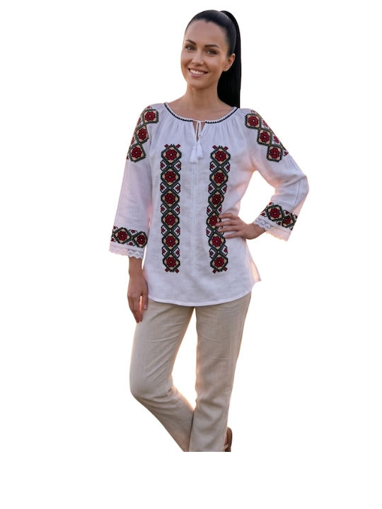 Bluza Damă Bumbac Mânecă Lungă Alb/Portocaliu