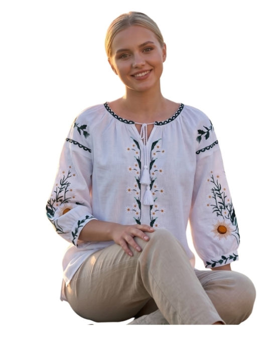Bluza Damă Bumbac Mânecă Lungă Alb/Portocaliu