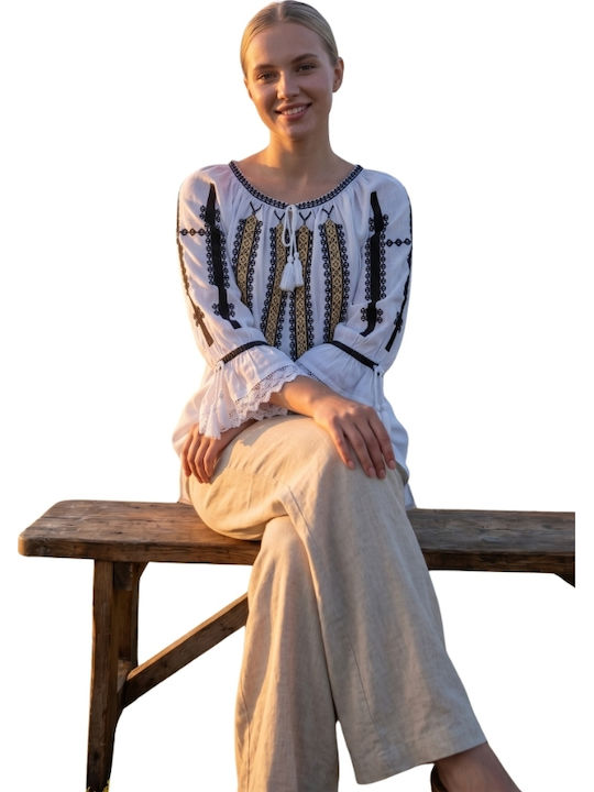 Bluza Damă Bumbac Mânecă Lungă Alb/Portocaliu