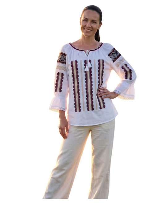 Bluza Damă Bumbac Mânecă Lungă Alb/Portocaliu