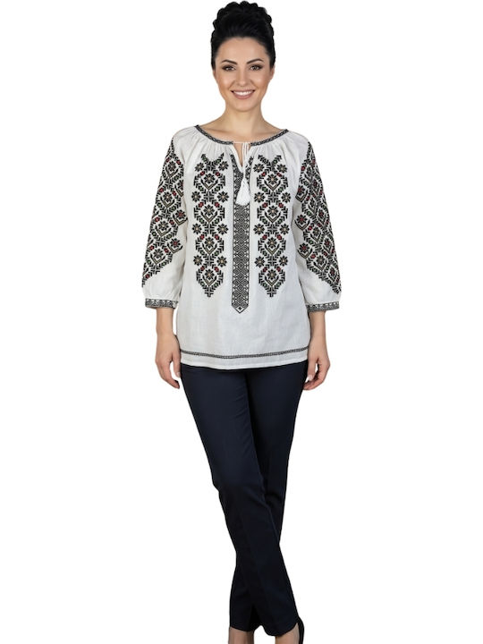 Bluza Damă Bumbac Mânecă Lungă Alb/Portocaliu