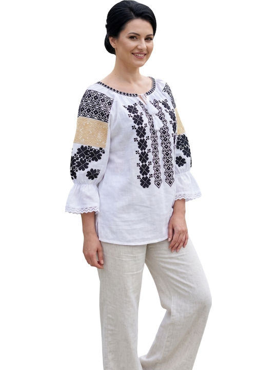 Bluza Damă Bumbac Mânecă Lungă Alb/Portocaliu