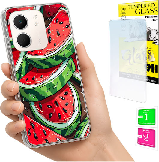 Oppo A5x Fotohülle Rückseite Wassermelone + 9h Gehärtetes Glas
